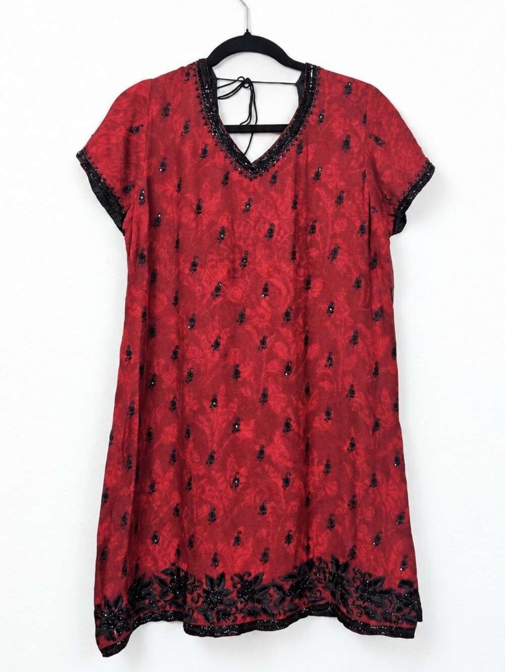 Vintage 90s Sentiments Silk Beaded Tunic Whimsigoth Dark Romantic Red Black XL
